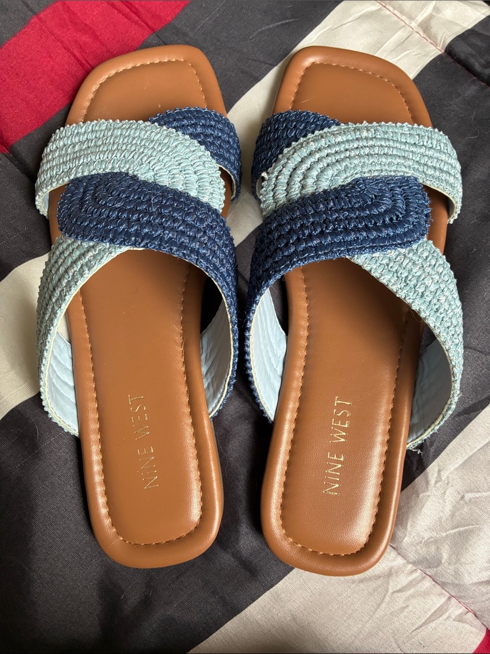 Nine West Light Blue and Navy Braided Slide Mules